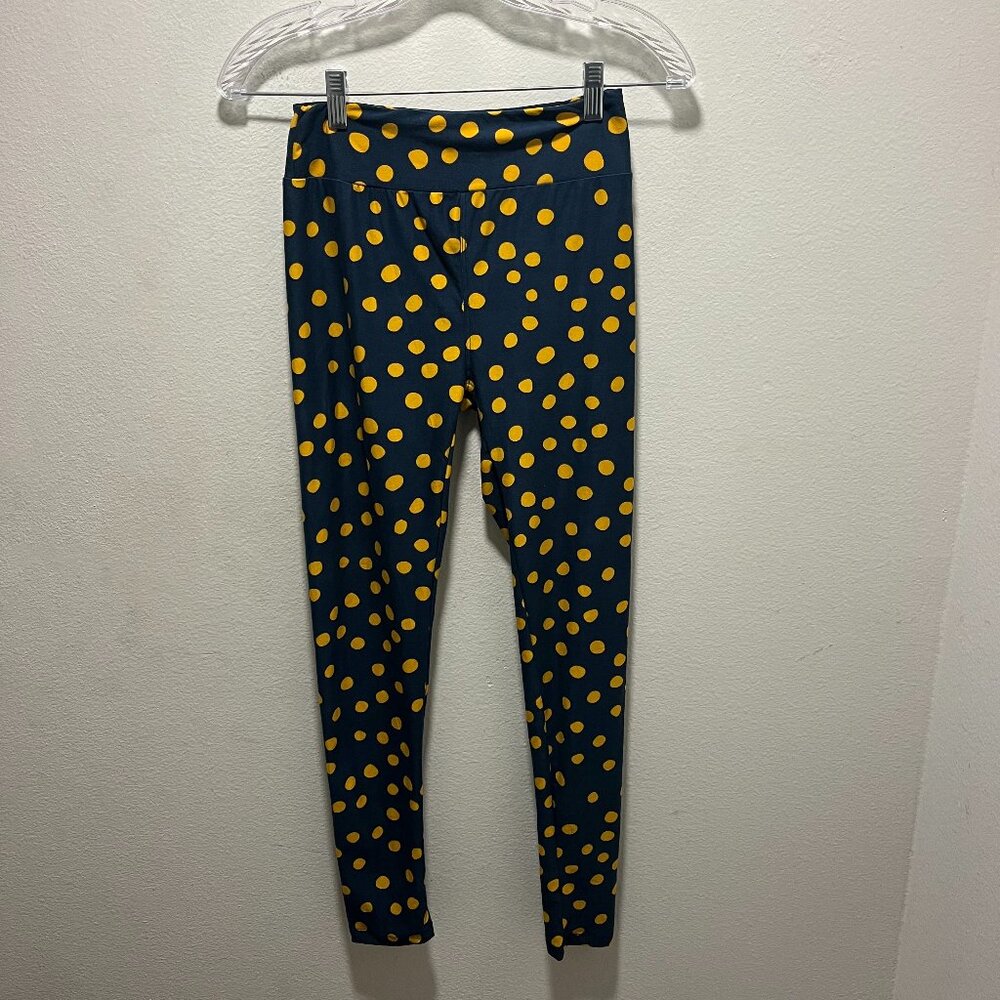 OS LuLaRoe One Size Leggings Cute Yellow Polka Dots Dark Navy Blue